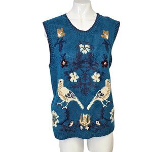 SKYR Womens Vintage 100% Shetland Wool, Floral, Bird Vest, Blue, Knit, Size L
